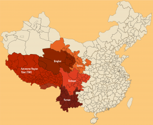 Karte der verschiedenen chinesischen Provinzen, die Tibet umfassen: TAR, Qinghai, Gansu, Sichuan und Yunnan.